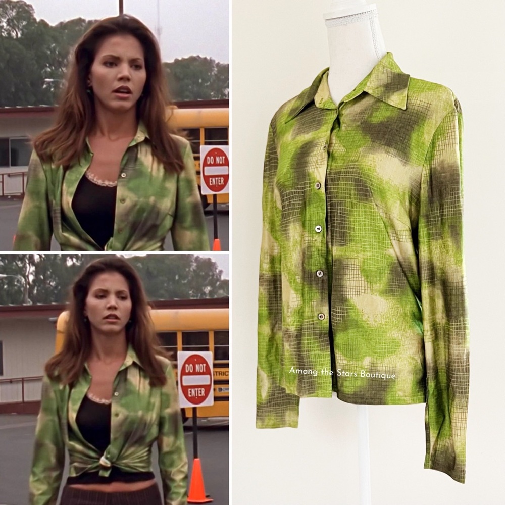 Very Rare 90s Vintage Green Abstract Print Button-Up Blouse ASO Cordelia in BTVS - Picture 4 of 14